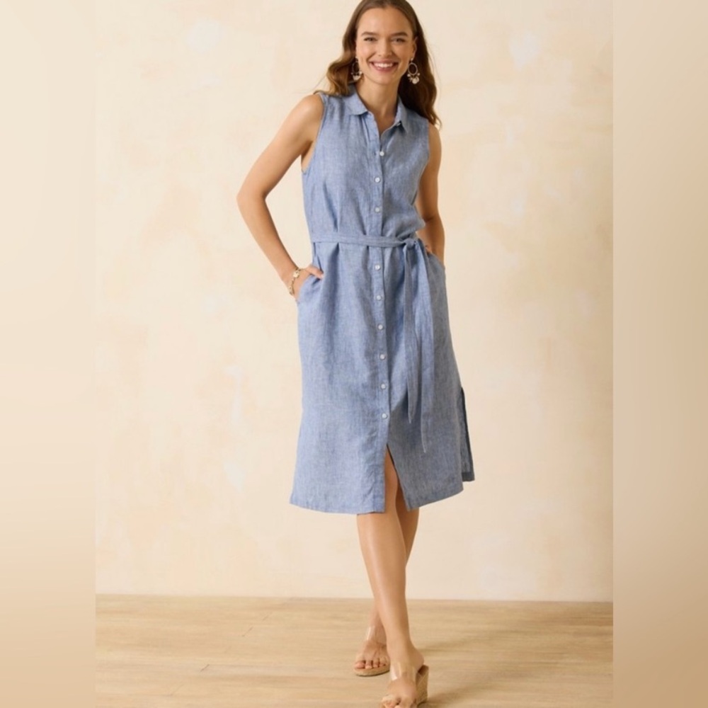 Tommy Bahama Sleeveless Blue Linen Button-Down Dress Size Large with full lining